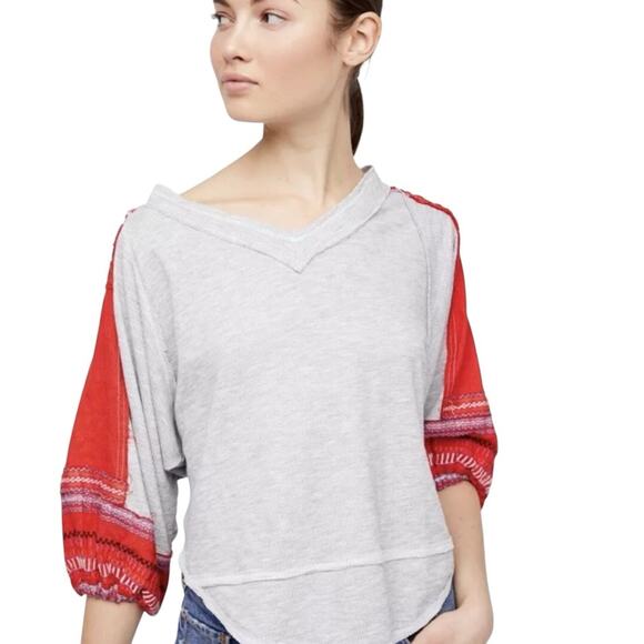 We The Free Red Grey Bubble Waffle Tee with Embroidered Sleeves S - Picture 2 of 8